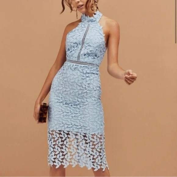 Bardot Dresses & Skirts - Bardot Lace Halter Midi‎ Dress Blue Cutout Back Evening Cocktail Size US 6